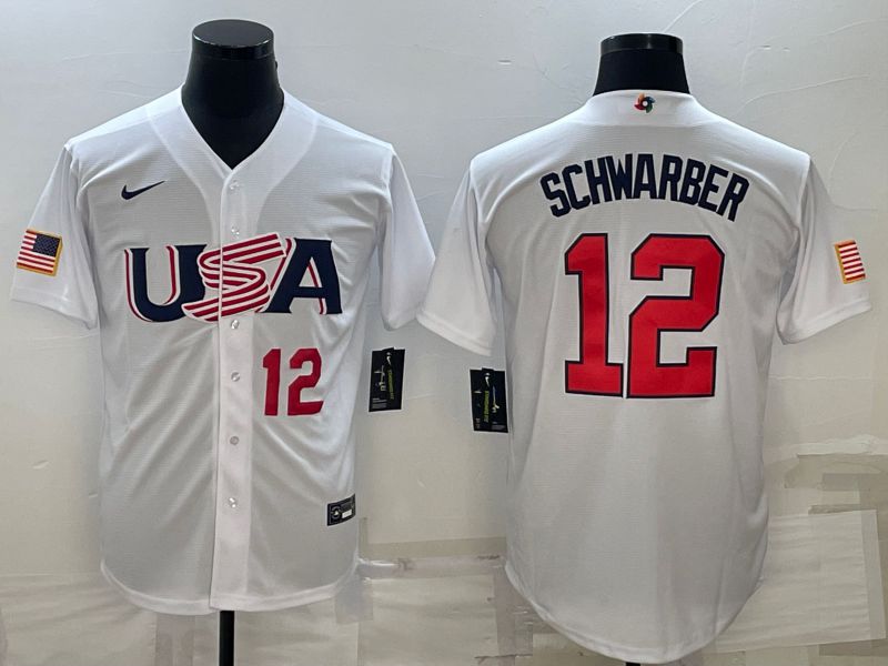 Men 2023 World Cub USA #12 Schwarber White Nike MLB Jersey6